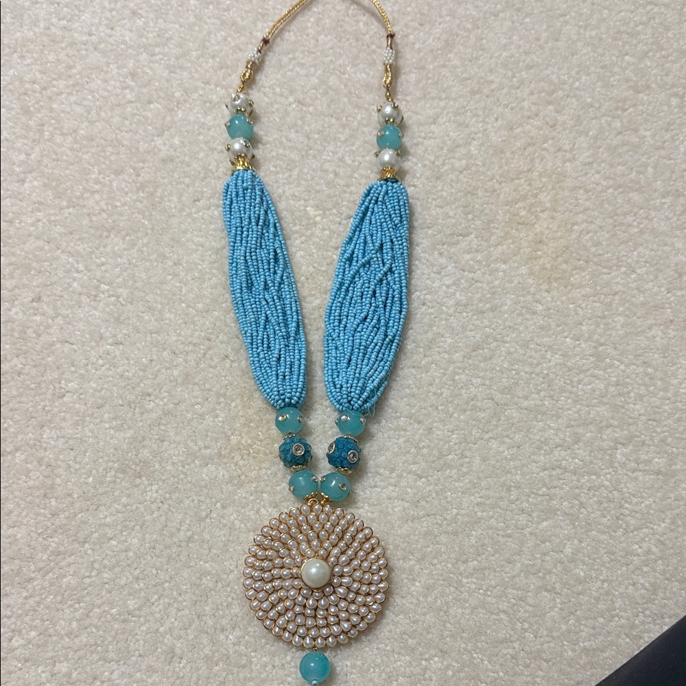 Elegant Blue and Gold tone Beaded Necklace